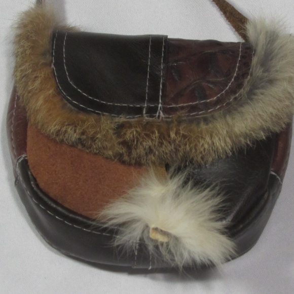Leather Patch work Purse w/ Rabbit Fur - Picture 1 of 8